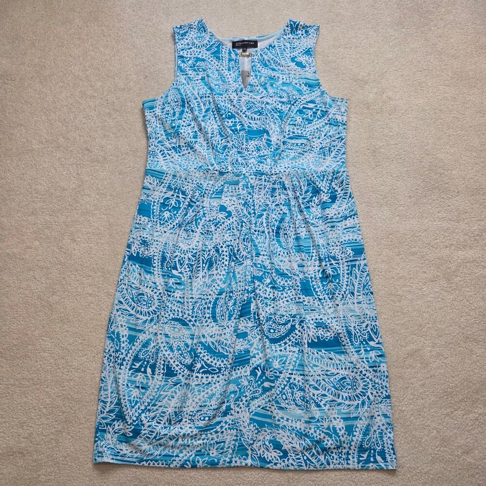 NWT Jones New York XL Jersey Pullover Sleeveless Summer Dress Turquoise White